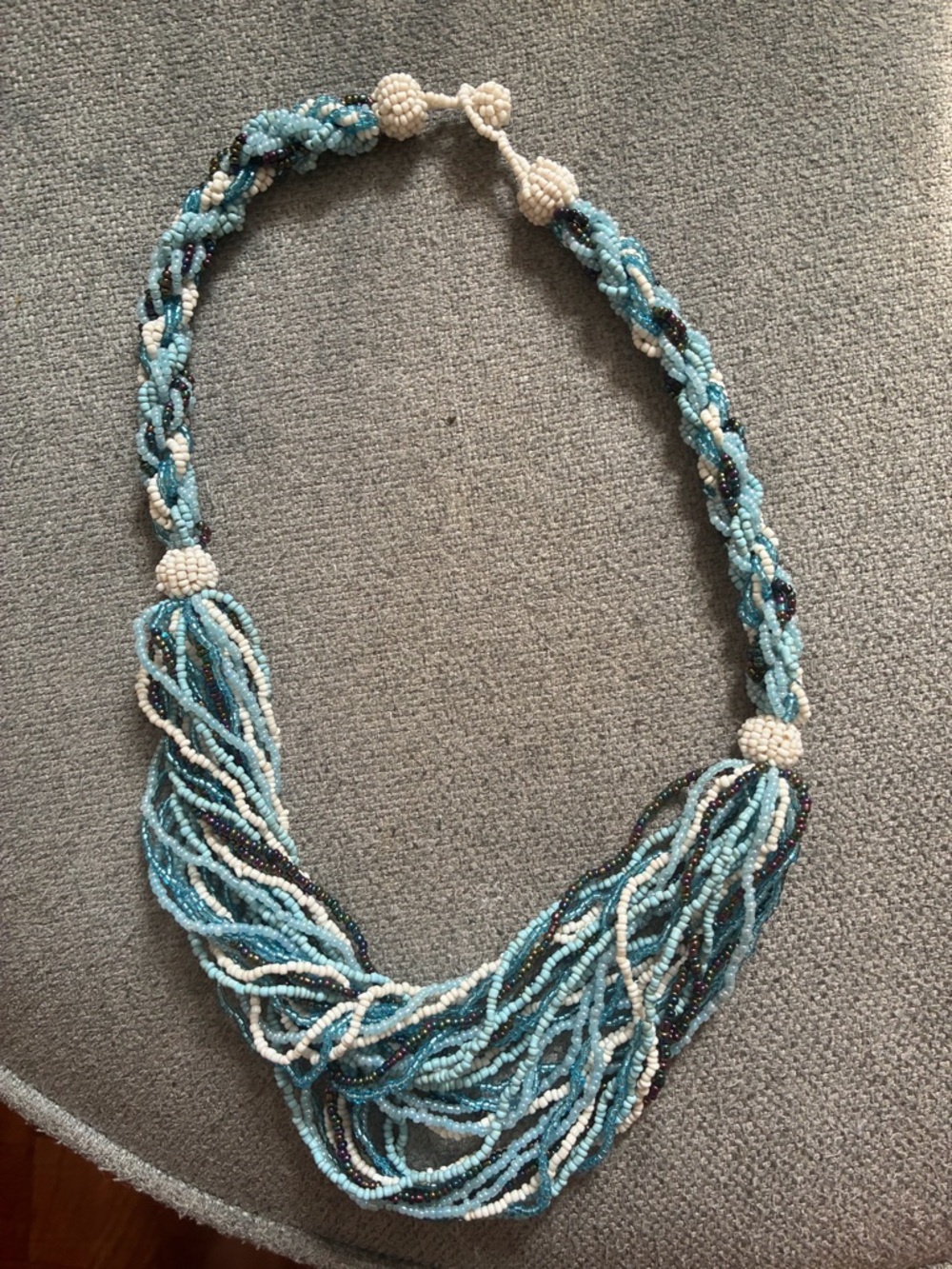 Vintage Handcrafted Multi-Strand Beaded Necklace in Light Blue and White